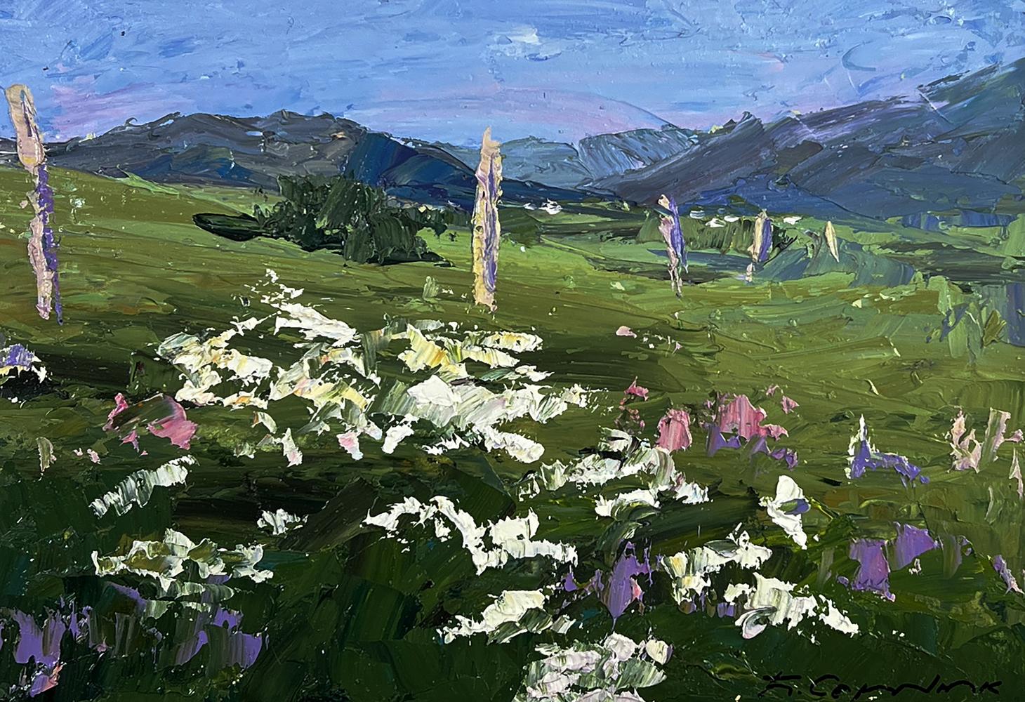 Vibrant impressionist oil painting by Boris Serdyuk: green field with wildflowers, mountains