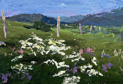 Vibrant impressionist oil painting by Boris Serdyuk: green field with wildflowers, mountains