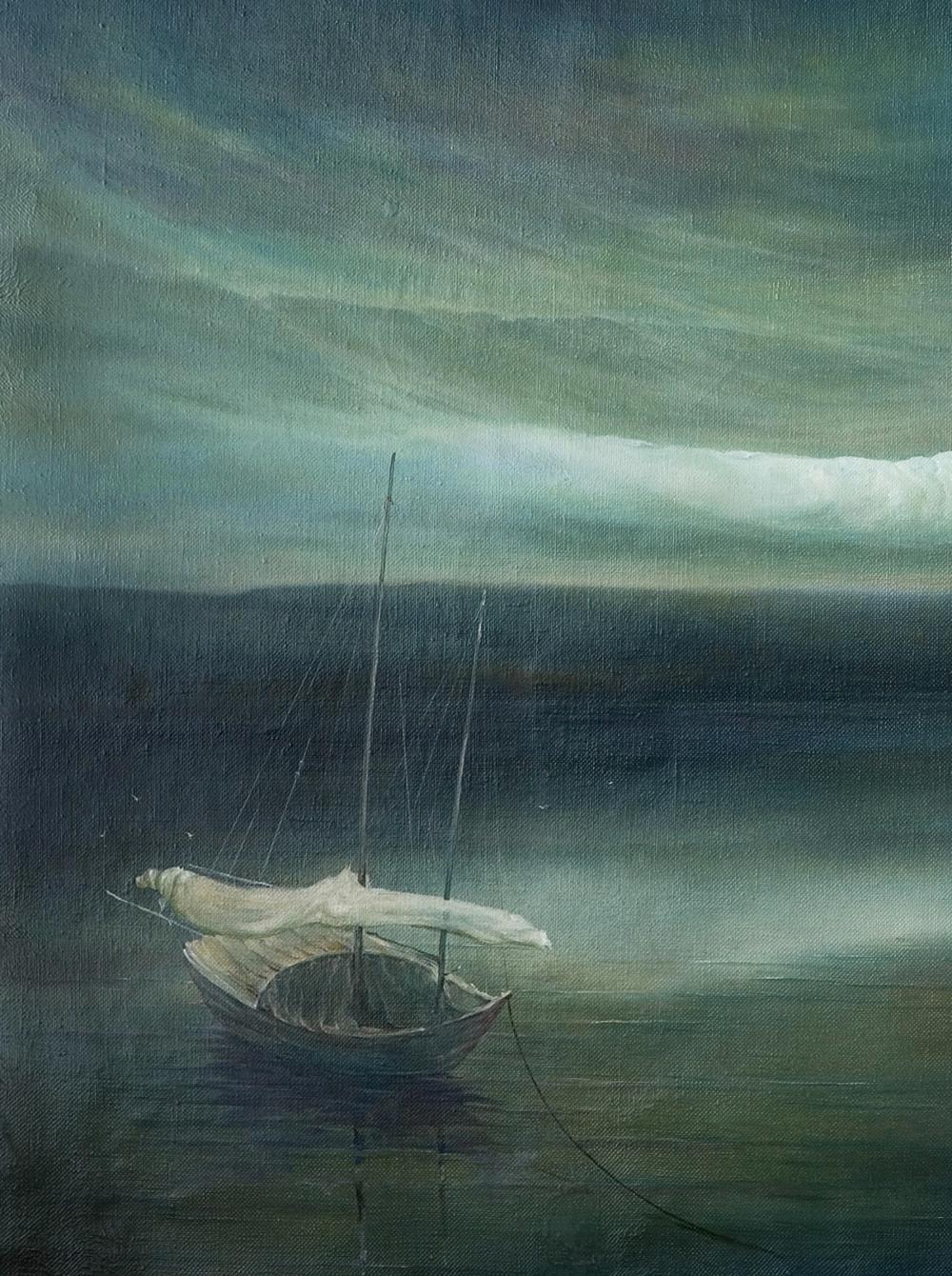 Oil painting of solitary sailboat in night sea storm by Vasily Korkishko