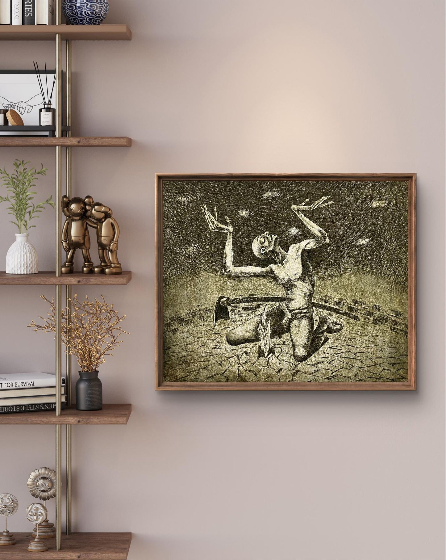 Framed charcoal sketch of skeletal figure in Supplication by Oleksandr Zhmailo