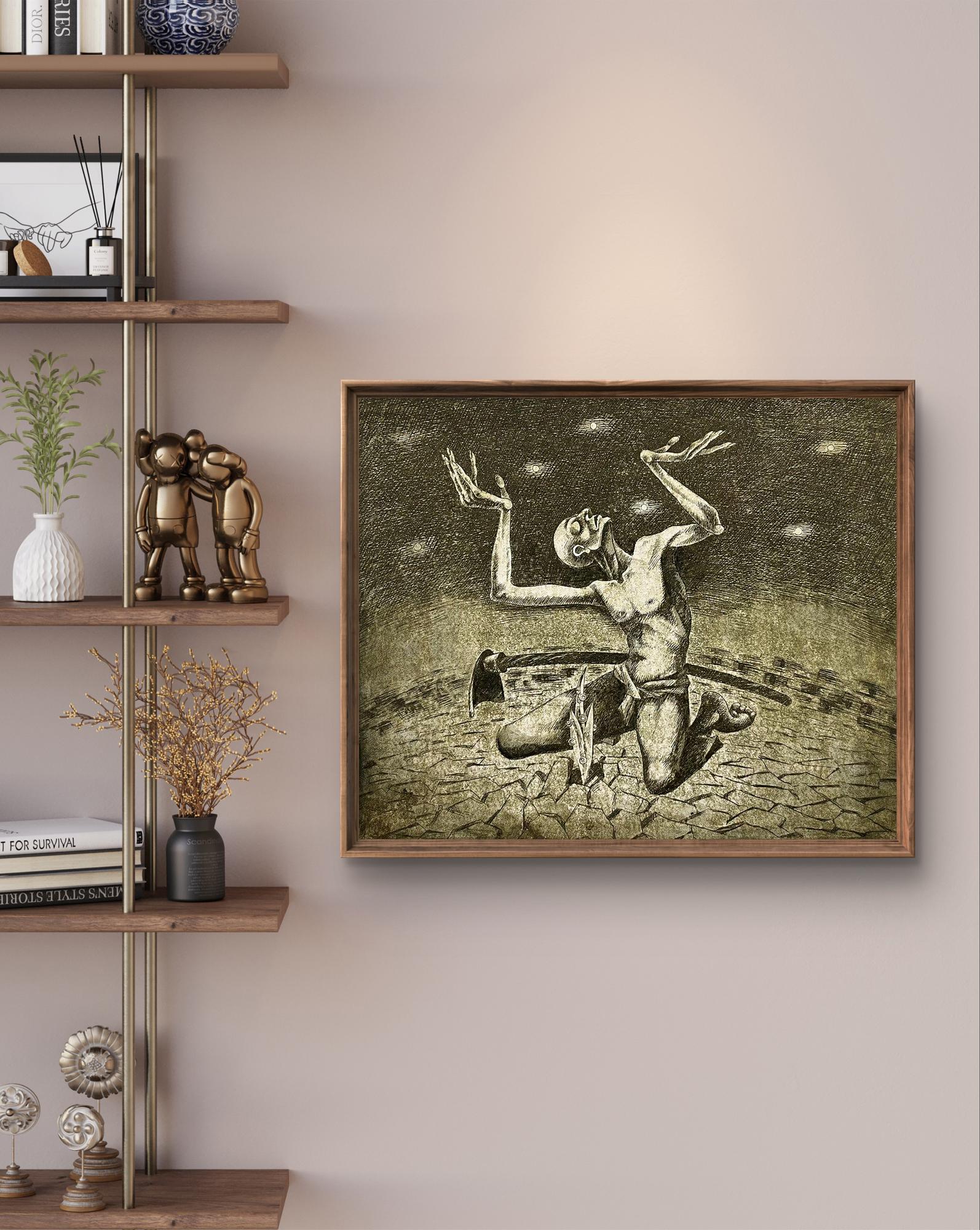 Framed charcoal sketch of skeletal figure in Supplication by Oleksandr Zhmailo
