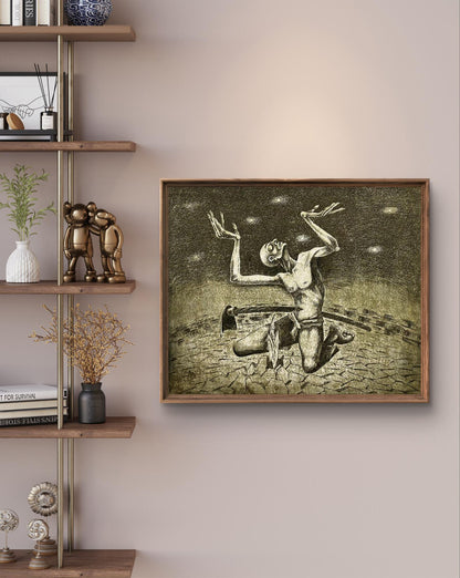 Framed charcoal sketch of skeletal figure in Supplication by Oleksandr Zhmailo