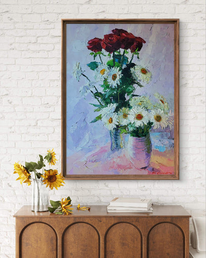 Oil painting of daisies and roses by Boris Serdyuk in wooden frame