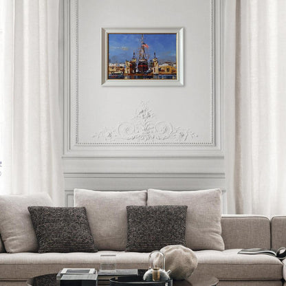 Framed oil painting of Sailboat Star of India with American flag on coast