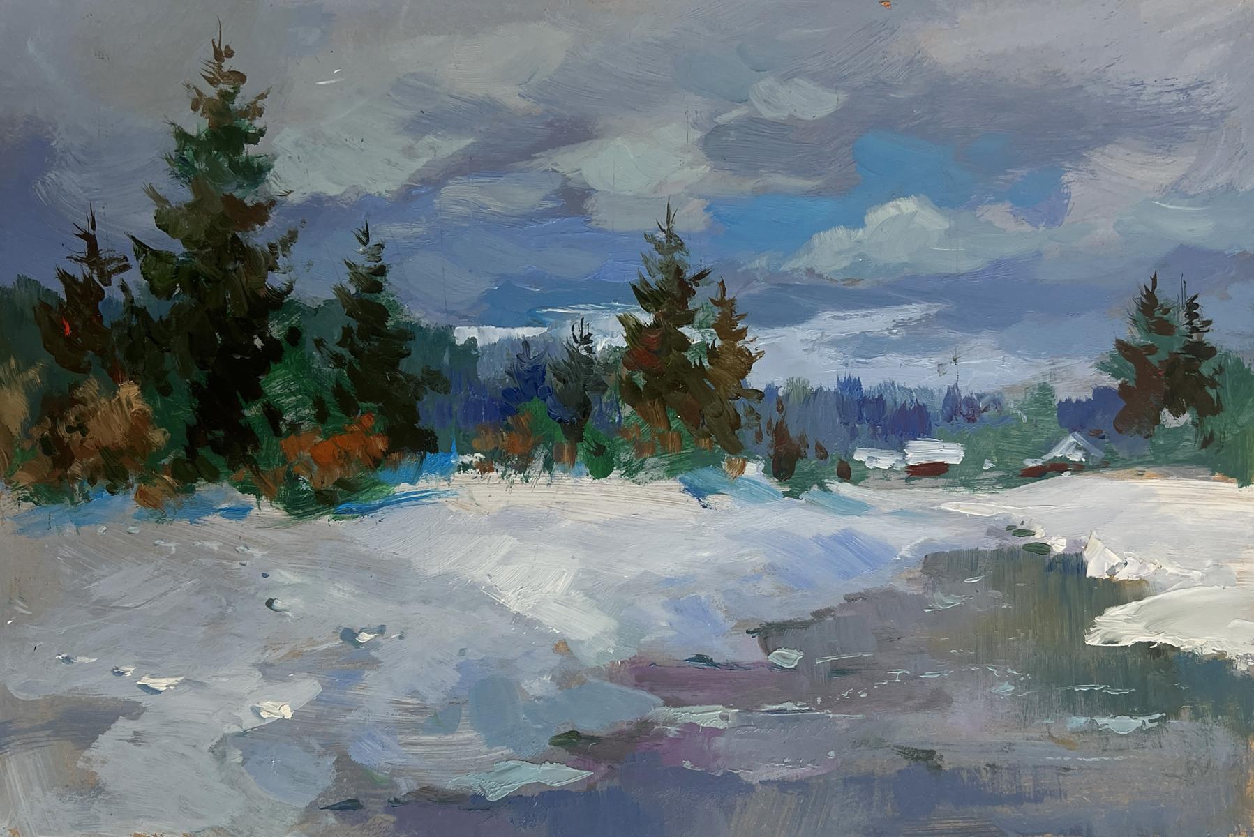 Snowy river oil painting by Yuriy Suprunchuk with evergreens and houses