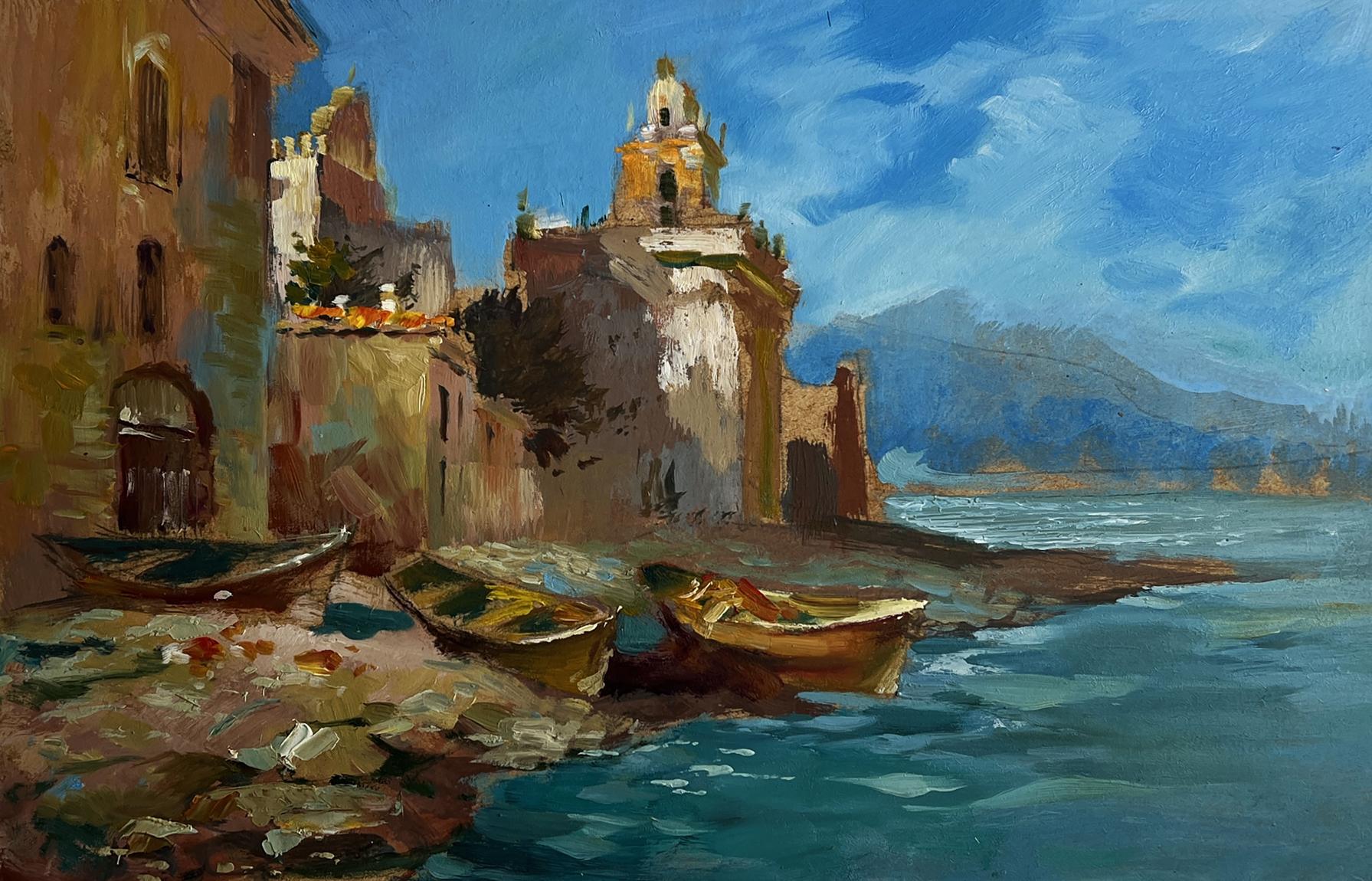 Oil painting of city boats by sea by Yuriy Suprunchuk