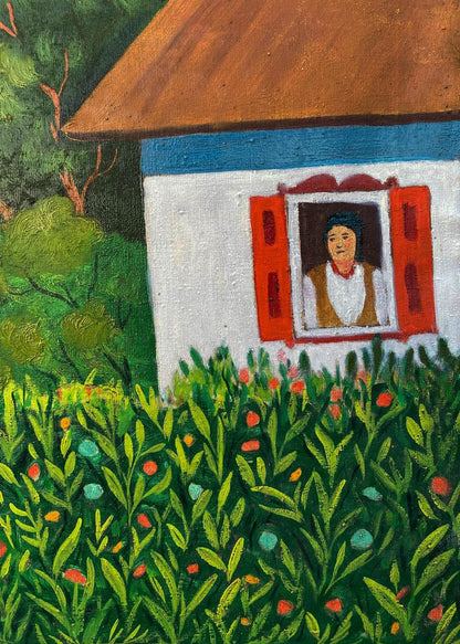 Oil painting Courtship by the Pond portrait of woman in white blouse
