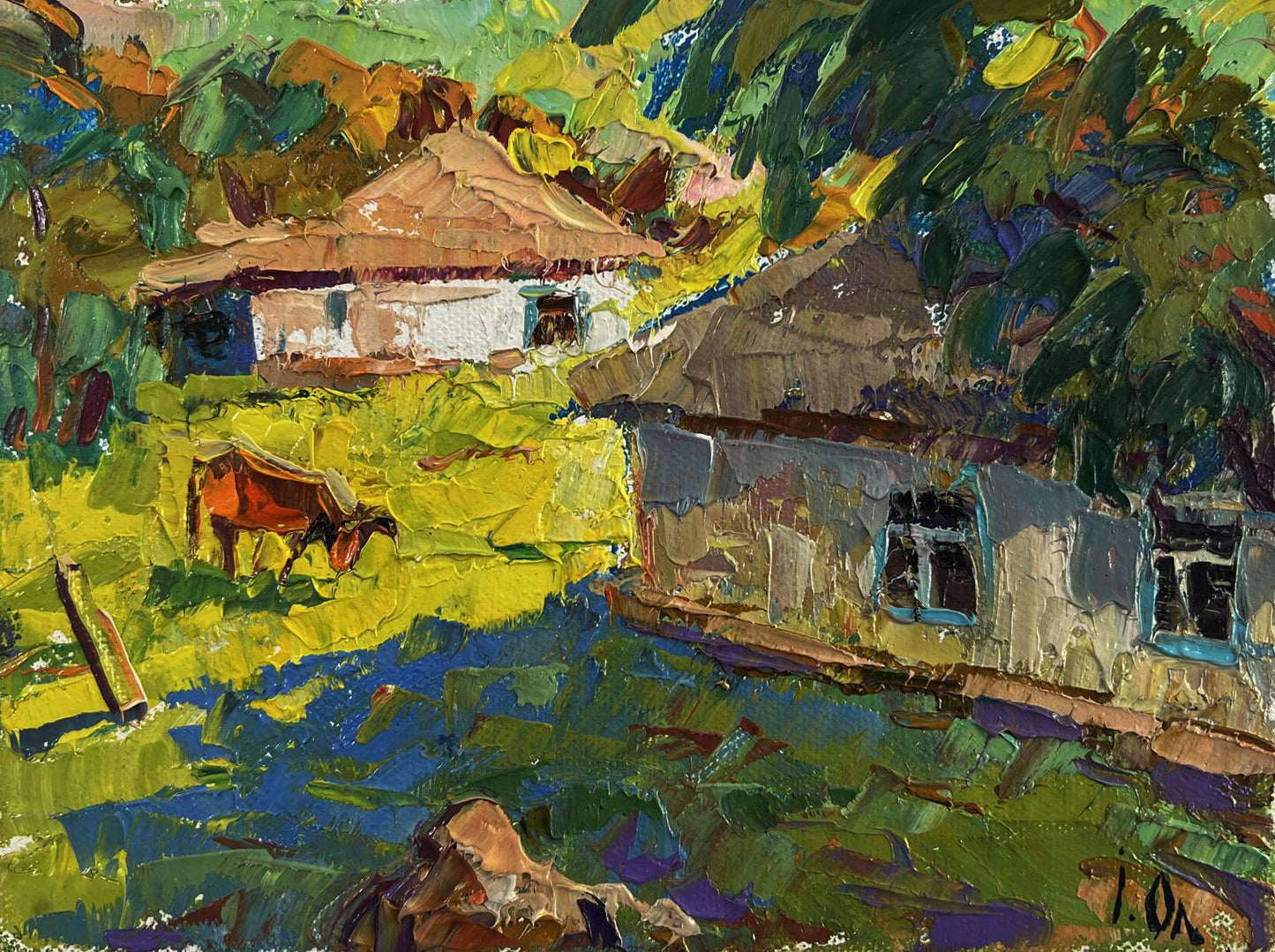 Vibrant impressionist oil painting by Oleksiy Ivanyuk: rustic houses, grazing cow under evening sky