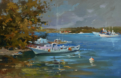 Oil painting by Yuriy Suprunchuk: white boat with blue accents near autumn trees