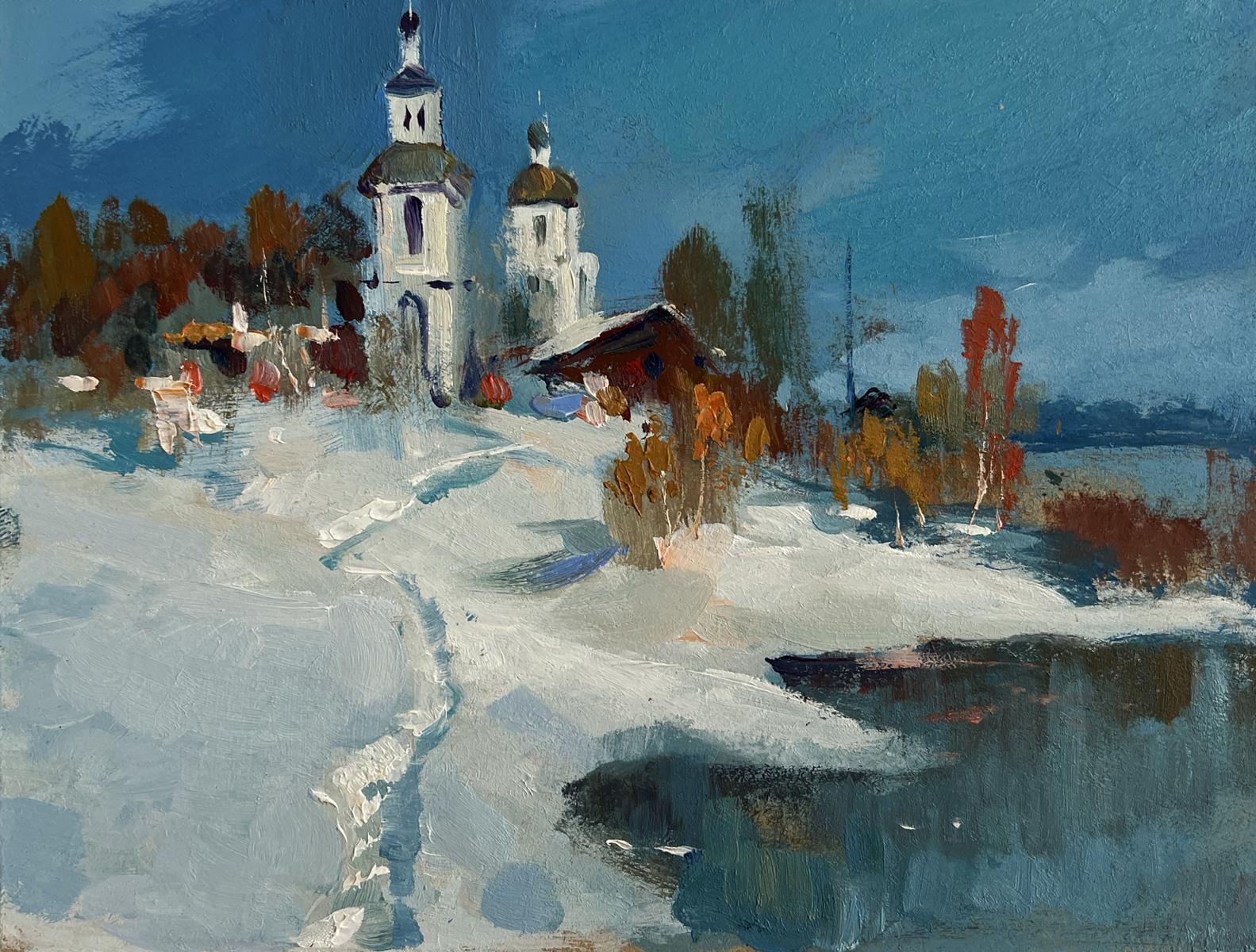 Oil painting The first snow fell by Yuriy Suprunchuk: white church with golden domes in snow