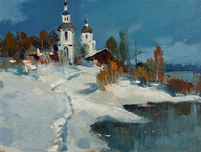 Oil painting The first snow fell by Yuriy Suprunchuk: white church with golden domes in snow