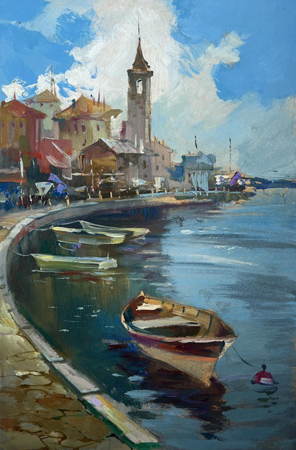Oil painting of wooden rowboat in busy city port by Yuriy Suprunchuk
