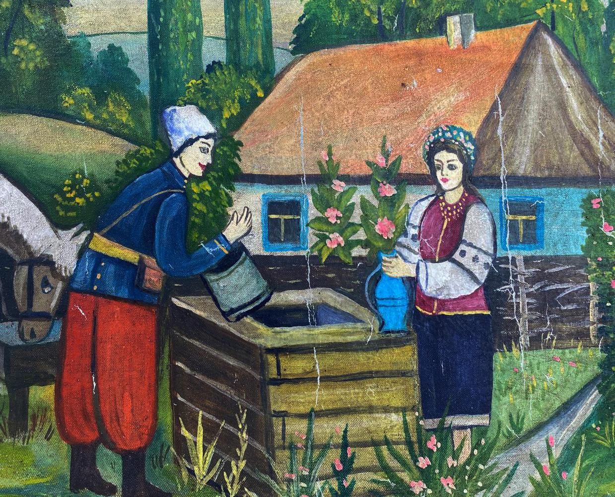 Oil painting of girl and guy near rustic wooden well with stone interior