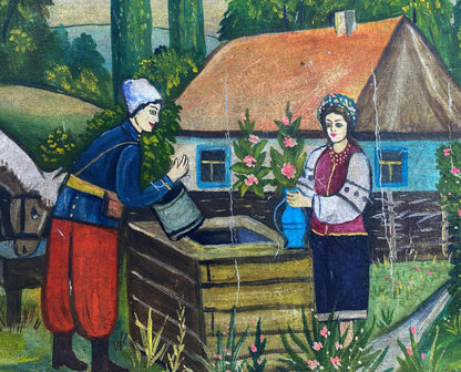 Oil painting of girl and guy near rustic wooden well with stone interior