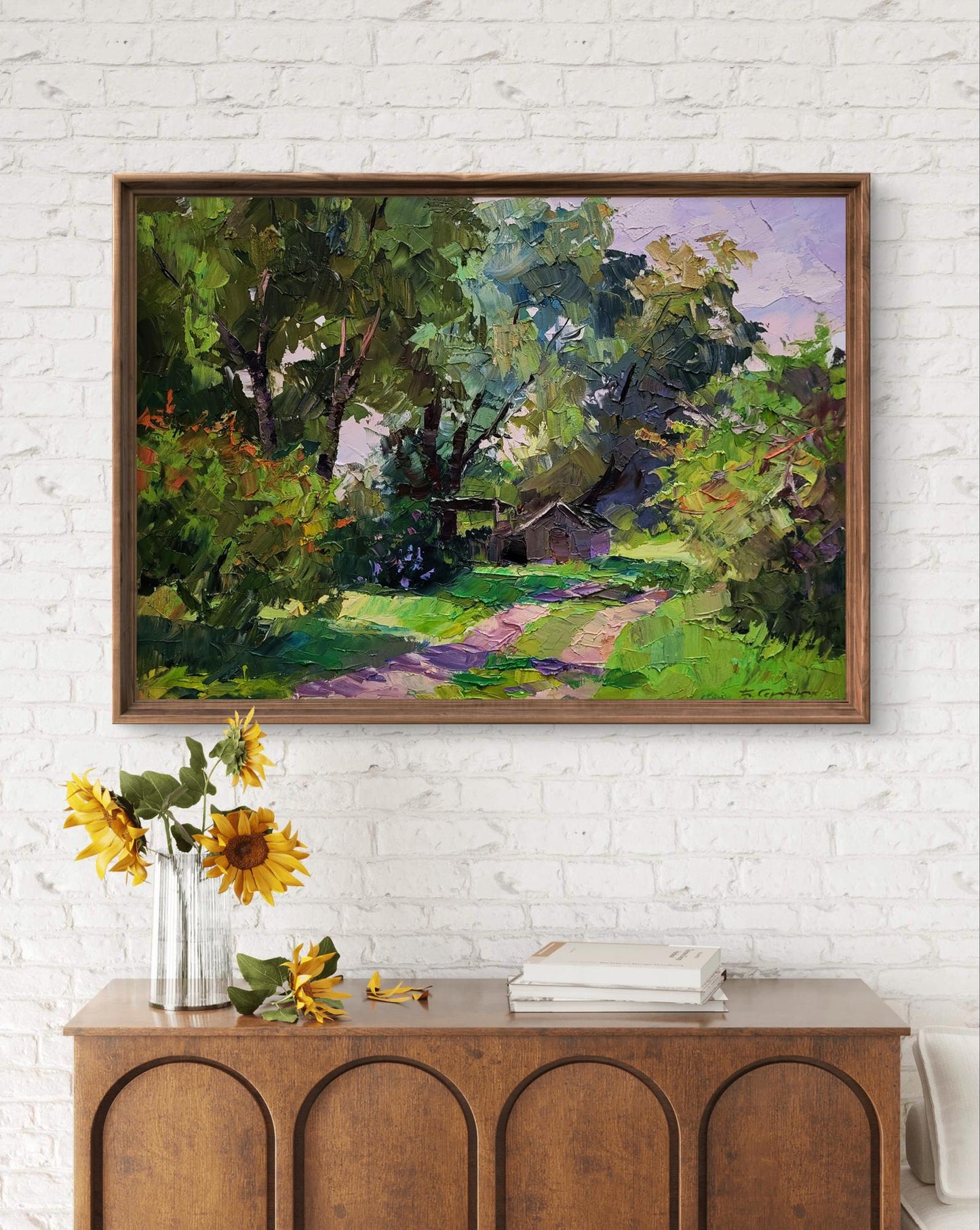 Oil painting Green leaves of spring by Boris Serdyuk, impressionist landscape in brown frame