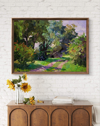 Oil painting Green leaves of spring by Boris Serdyuk, impressionist landscape in brown frame