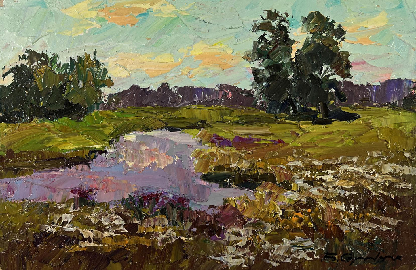 Impressionistic oil painting by Boris Serdyuk: stream, fields, sunset
