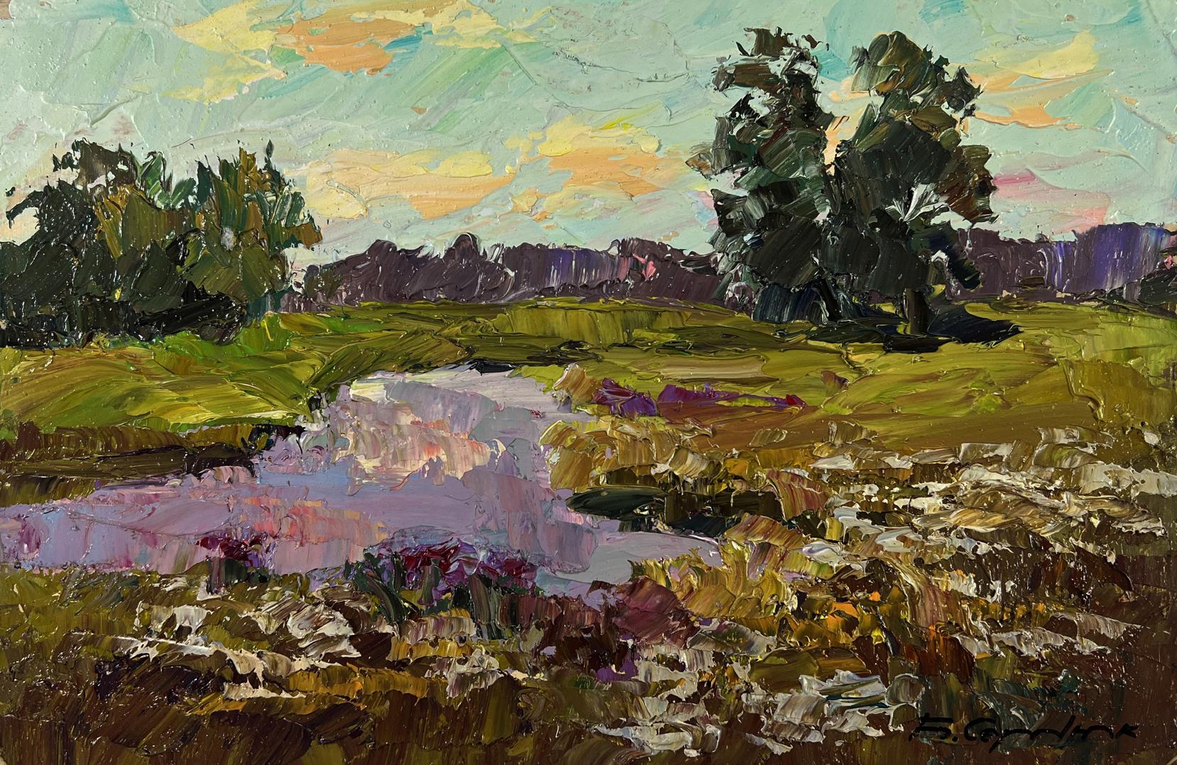 Impressionistic oil painting by Boris Serdyuk: stream, fields, sunset