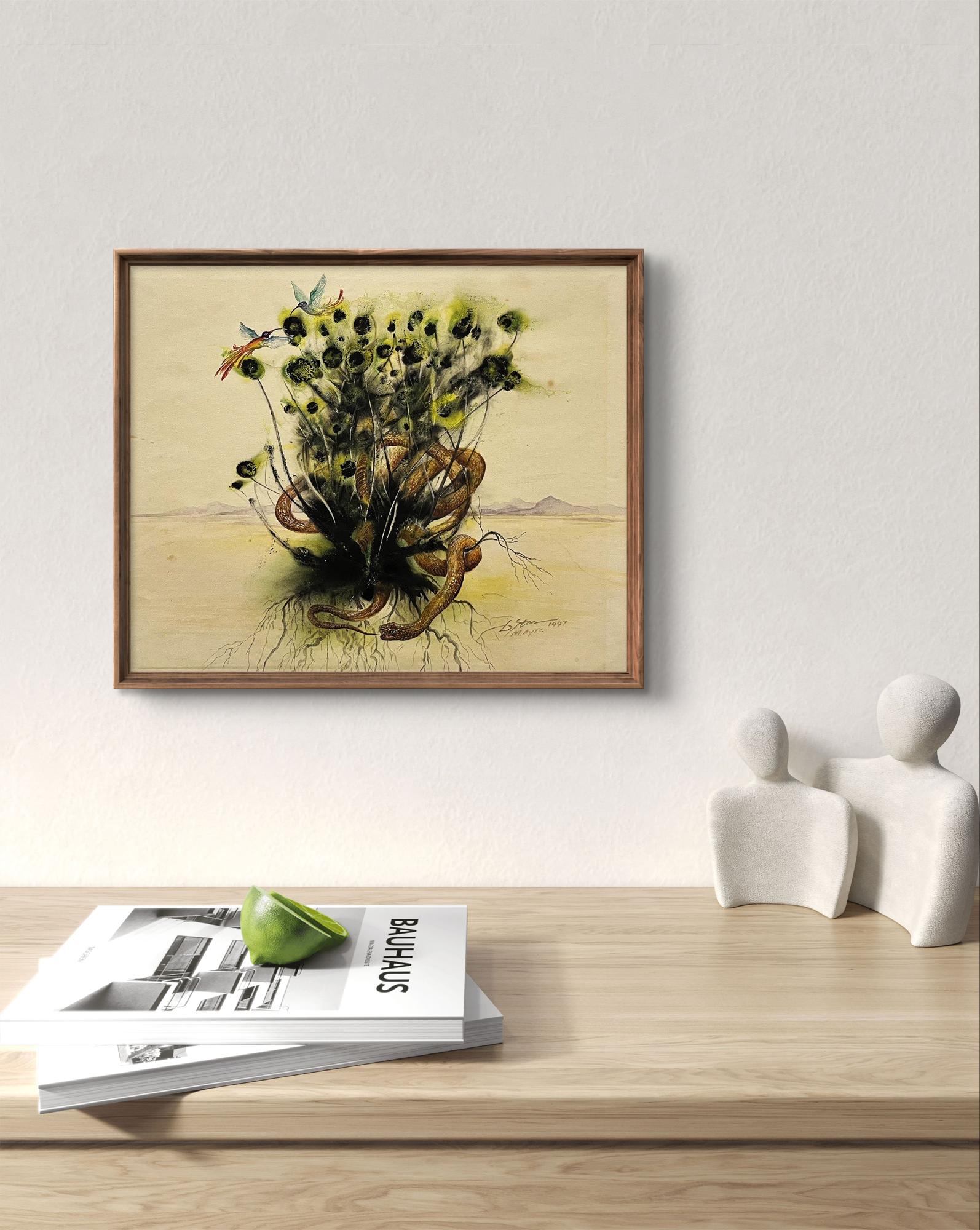 Framed Watercolor Desert Dwellers by Dmytro Startsev surreal botanical scene