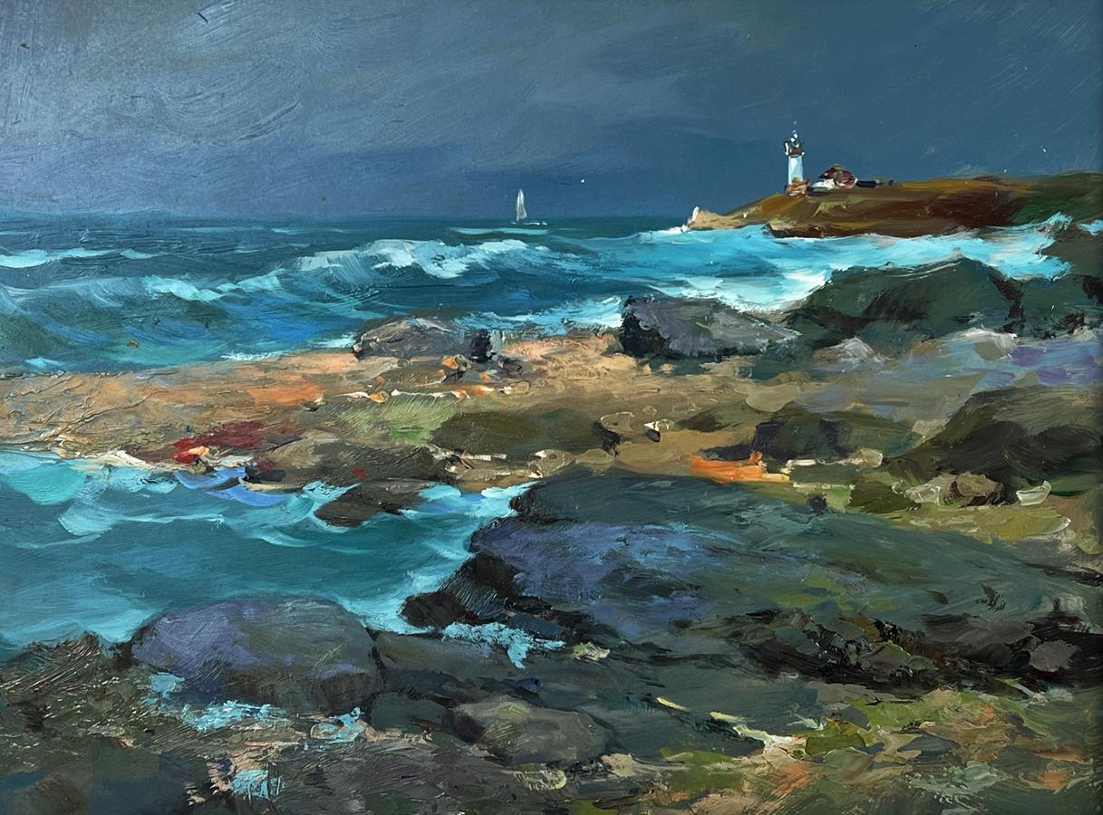 Oil painting Sea cloudy coast by Yuriy Suprunchuk: crashing turquoise waves on rocks