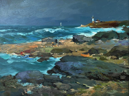 Oil painting Sea cloudy coast by Yuriy Suprunchuk: crashing turquoise waves on rocks