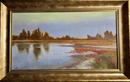 Oil painting Evening by the River by Tatyana Derdey serene landscape