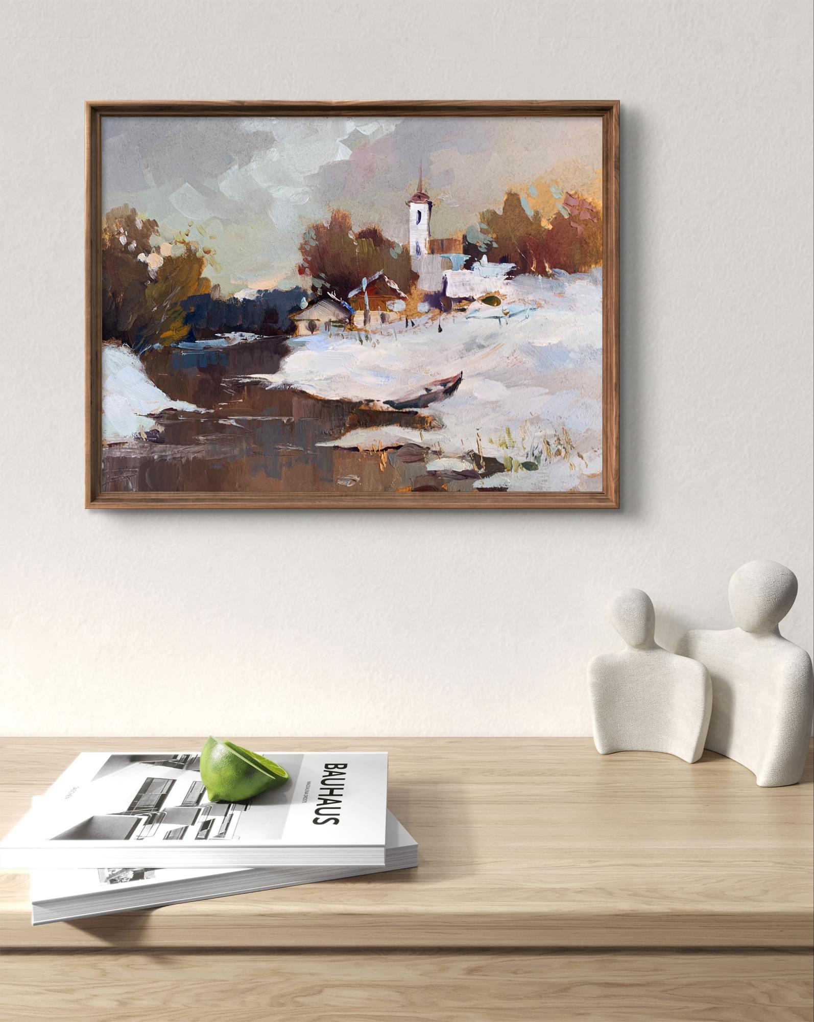 Oil painting Winter evening by Yuriy Suprunchuk, framed snowy landscape