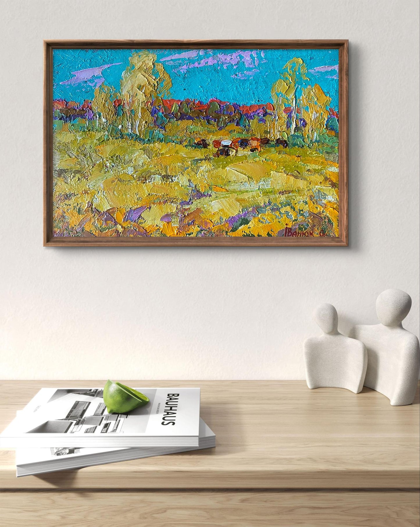 Oil painting Bows in autumn by Oleksiy Ivanyuk with yellow fields purple sky