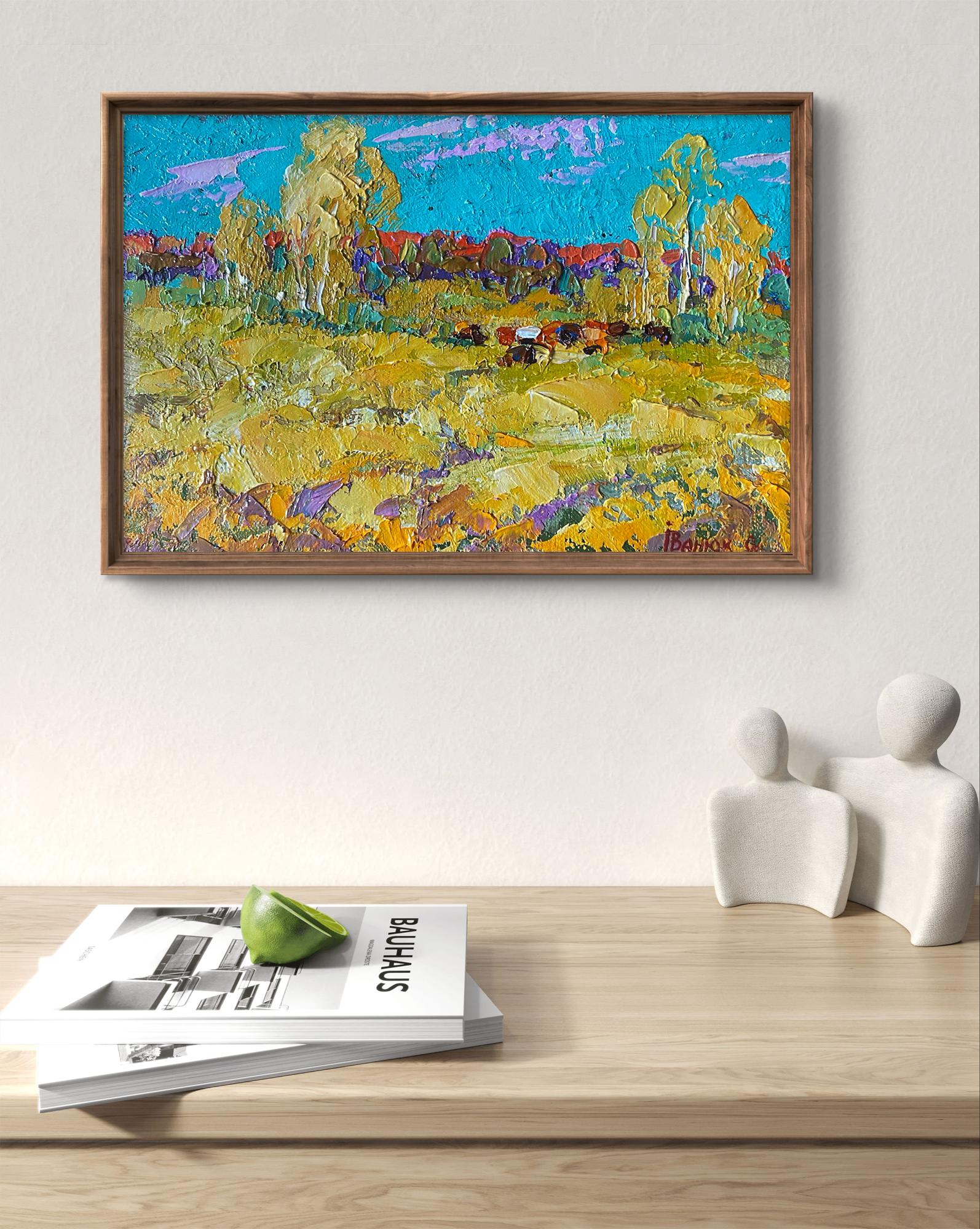 Oil painting Bows in autumn by Oleksiy Ivanyuk with yellow fields purple sky