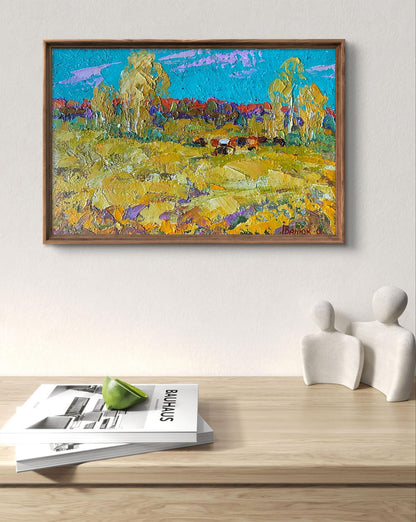 Oil painting Bows in autumn by Oleksiy Ivanyuk with yellow fields purple sky