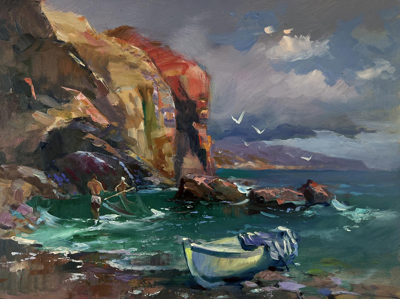 Oil painting by Yuriy Suprunchuk of small white boat with blue motor on rocky shore