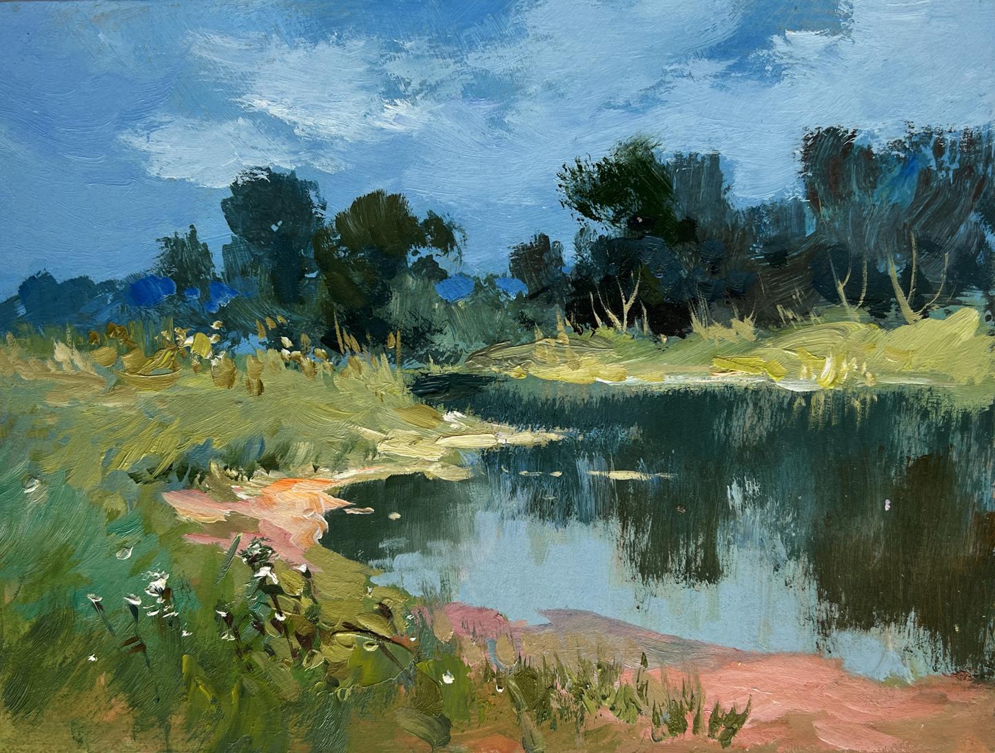 Serene oil painting of tranquil pond reflecting green forest by Yuriy Suprunchuk