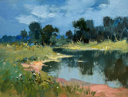 Serene oil painting of tranquil pond reflecting green forest by Yuriy Suprunchuk