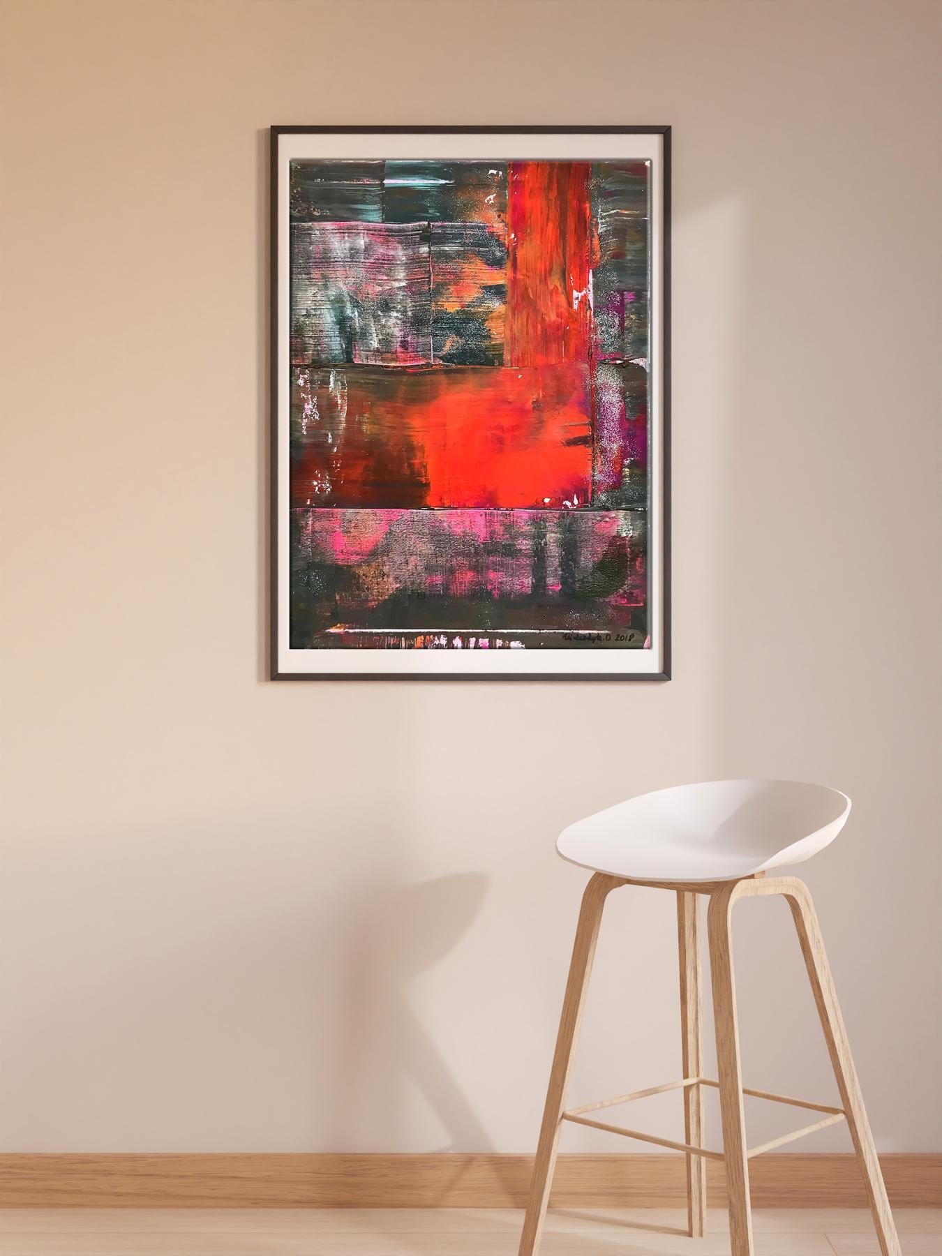 Acrylic LOVE painting by Olga Melezhik in black frame with red pink strokes
