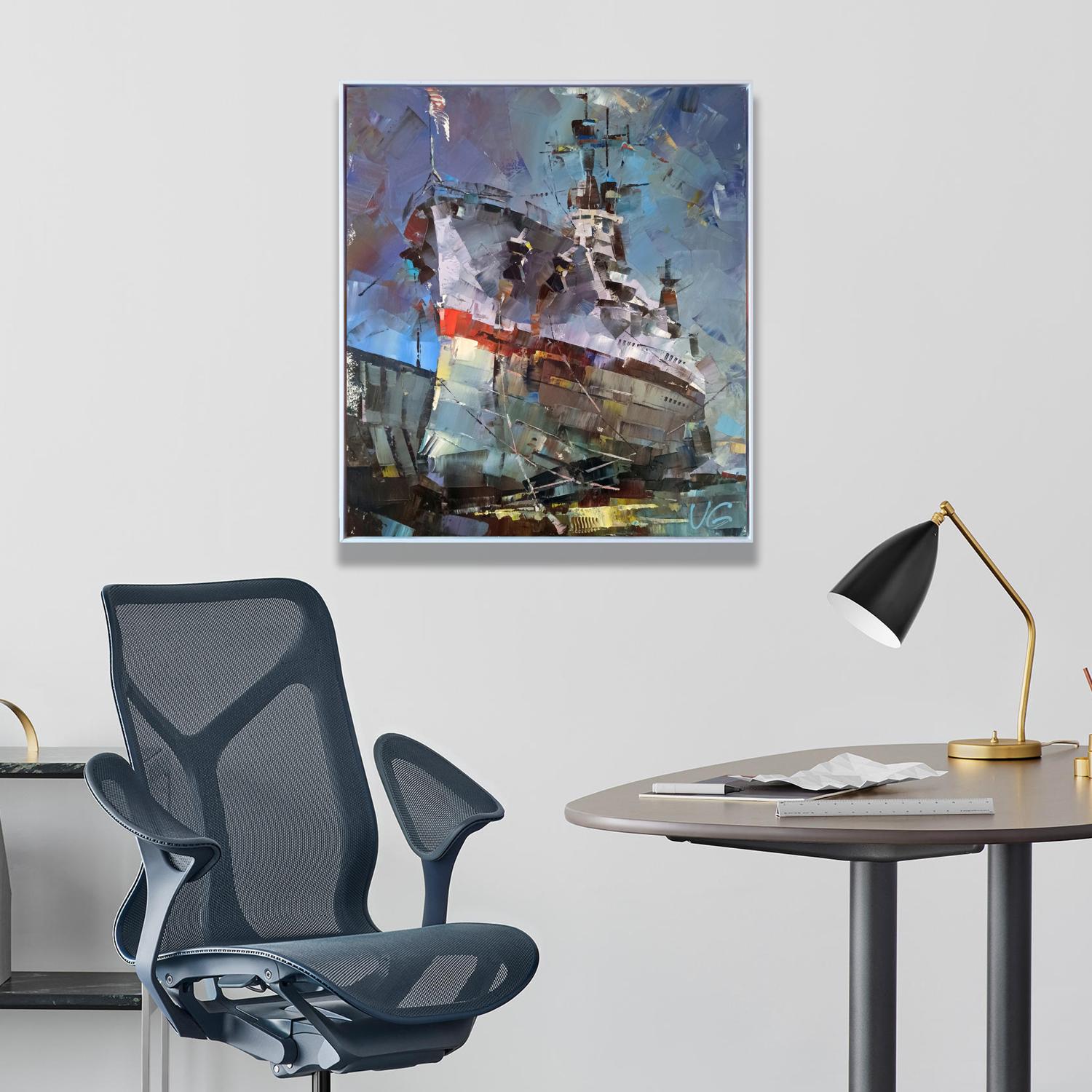 Black mesh ergonomic office chair with metallic frame in USS Texas painting