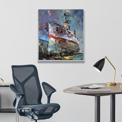 Black mesh ergonomic office chair with metallic frame in USS Texas painting