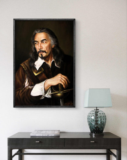 Oil painting self-portrait of Valeriy Bulat, framed portrait of man with long dark hair