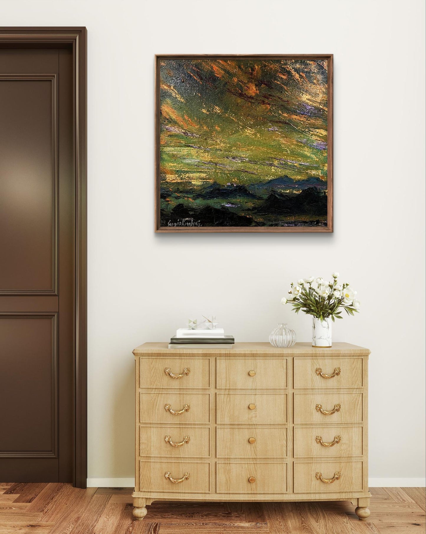 Oil painting Mountain Plains by Serhiy Kovalev, abstract green orange textured square frame on wall