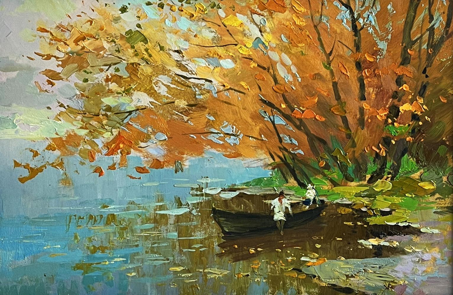 Vibrant impressionistic oil painting On the autumn river by Yuriy Suprunchuk