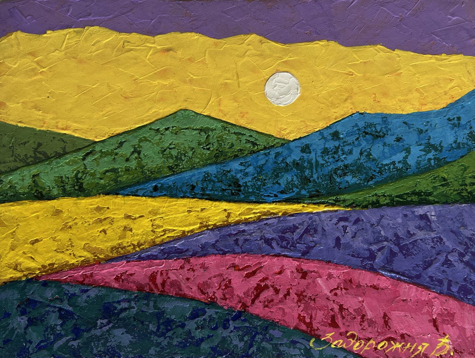 Vibrant textured oil painting by V. Zadorozhnya: warm sunset hills and moon