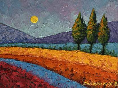 Vibrant impressionist oil painting by V. Zadorozhnya: three trees in orange, red, blue fields under purple sky