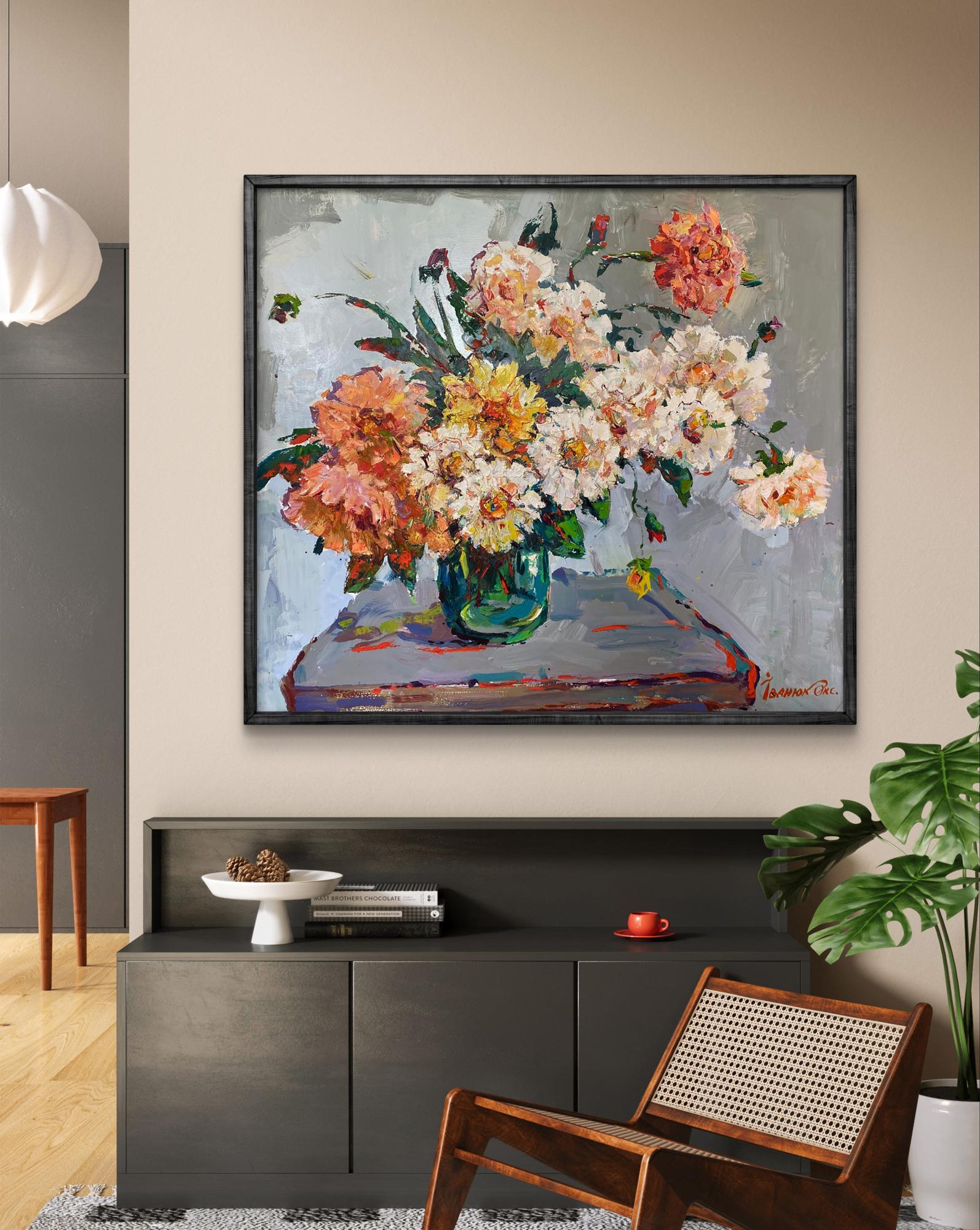 Oil painting Autumn dahlias by Oksana Ivanyuk in black frame