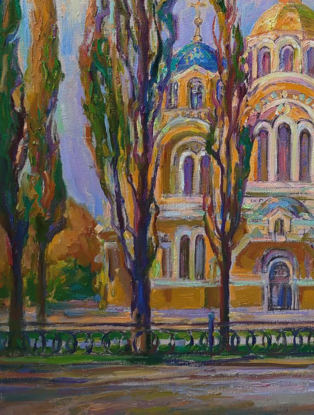 Oil painting of City Church by Leonid Pavlenko, golden domes and autumn trees