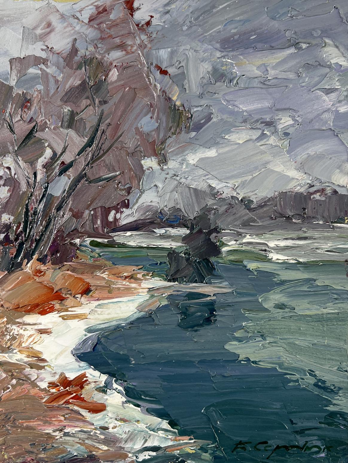 Impressionistic oil painting of snowy river and trees by Boris Serdyuk