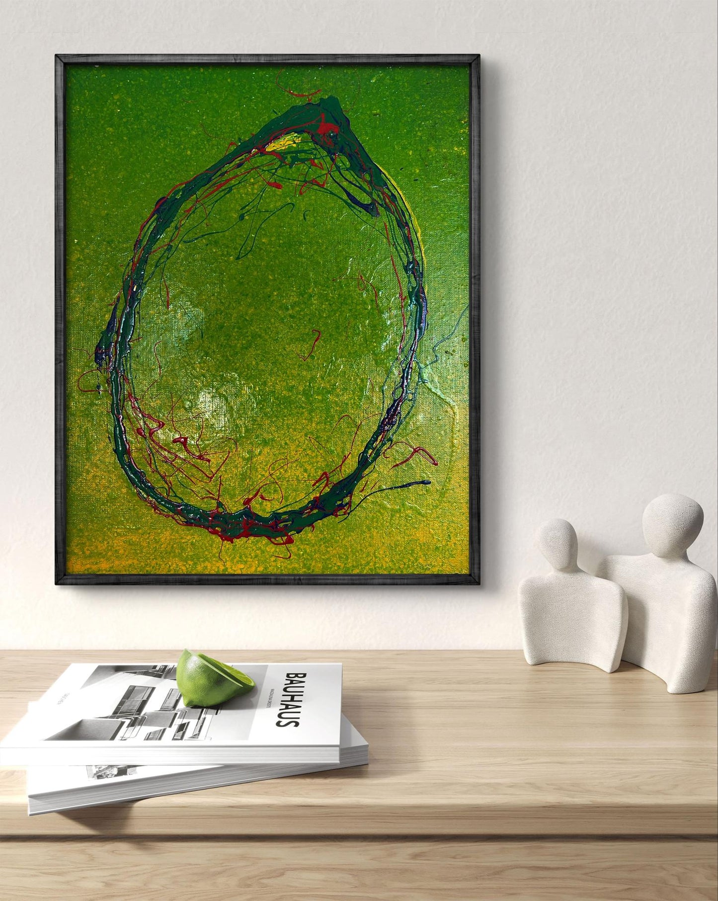 Framed Acrylic painting Bright Lemon by Olga Melezhik, vibrant green oval