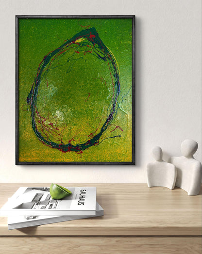 Framed Acrylic painting Bright Lemon by Olga Melezhik, vibrant green oval
