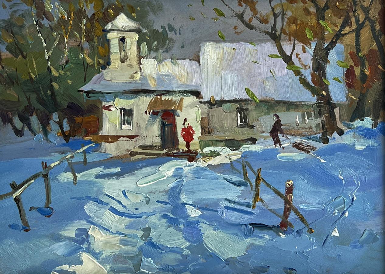 Oil painting of snowy village after winter snowstorm by Yuriy Suprunchuk