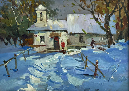 Oil painting of snowy village after winter snowstorm by Yuriy Suprunchuk