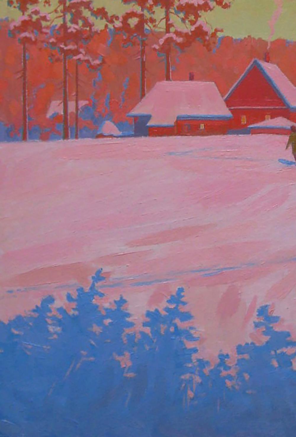 Oil painting Frosty evening in the village by Valery Savenets snowy house
