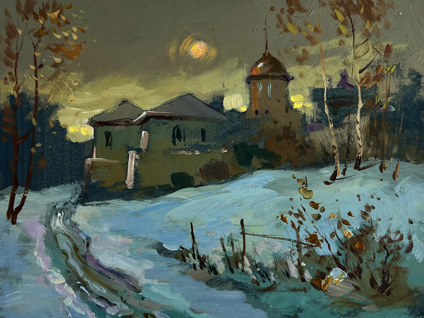 Oil painting of moonlit domed church tower in snowy village by Yuriy Suprunchuk